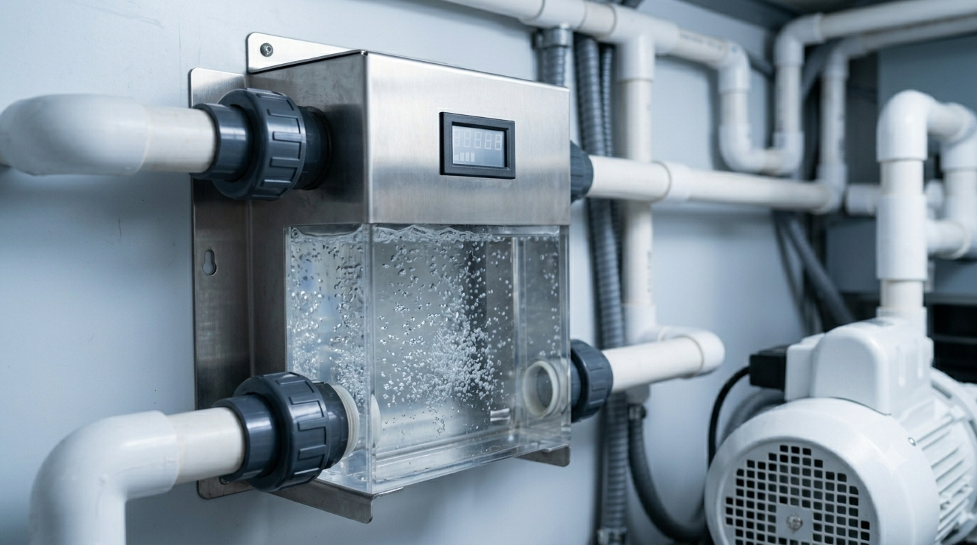 Électrolyseur au sel de brome installé en compartiment technique d'un spa