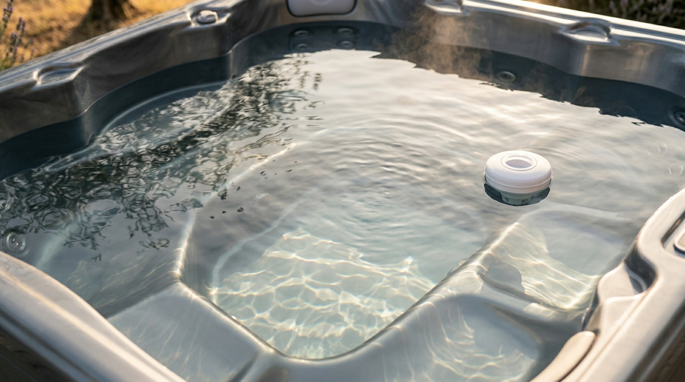 Eau cristalline de spa avec brominateur flottant en jardin provençal