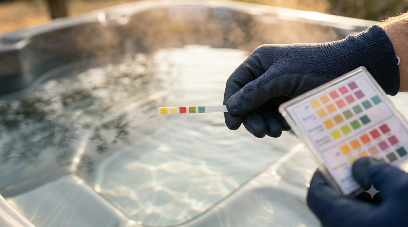 Test de l'équilibre chimique de l'eau d'un spa avec bandelette et nuancier de référence