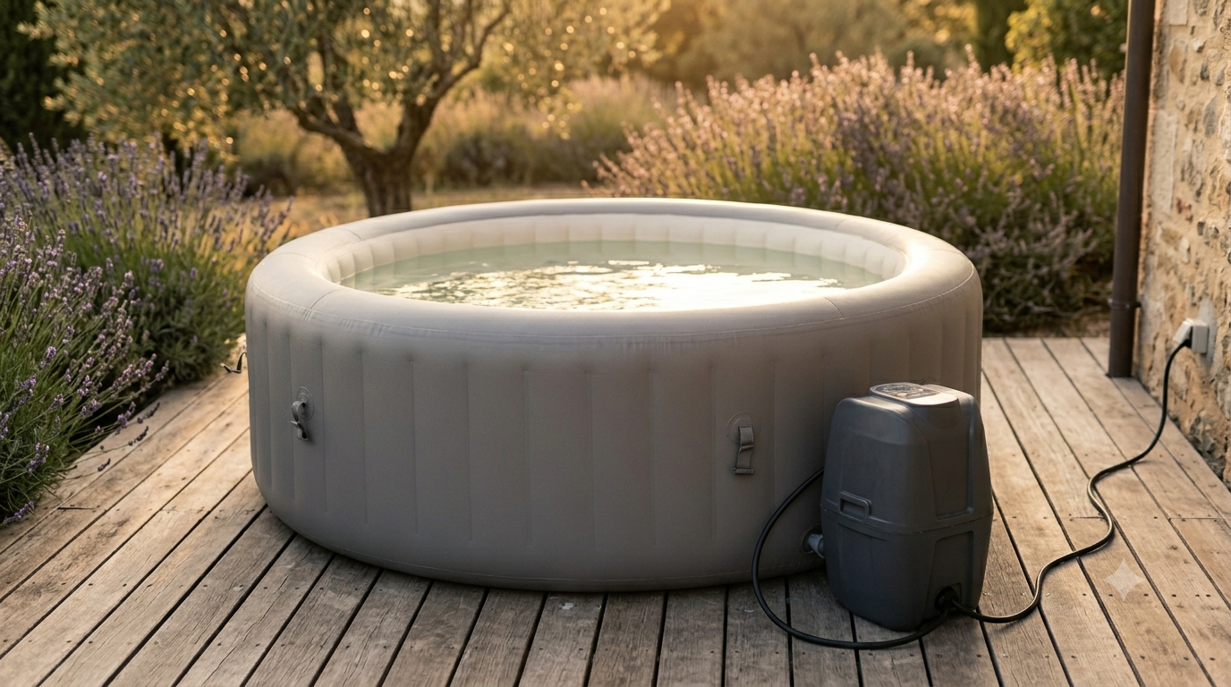 Spa gonflable Intex sur terrasse avec bloc moteur et cordon RCD