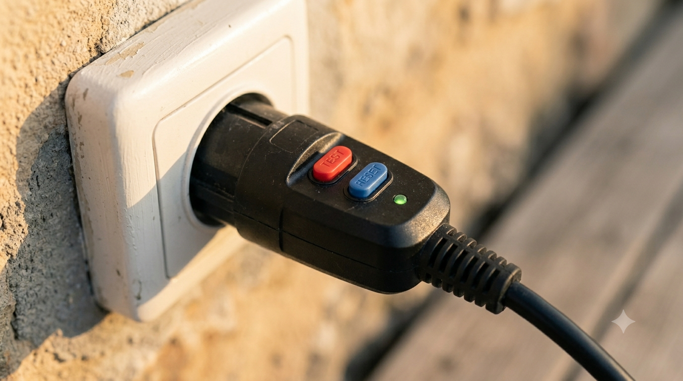 Gros plan d'un cordon RCD de spa gonflable branché sur prise française avec boutons TEST et RESET