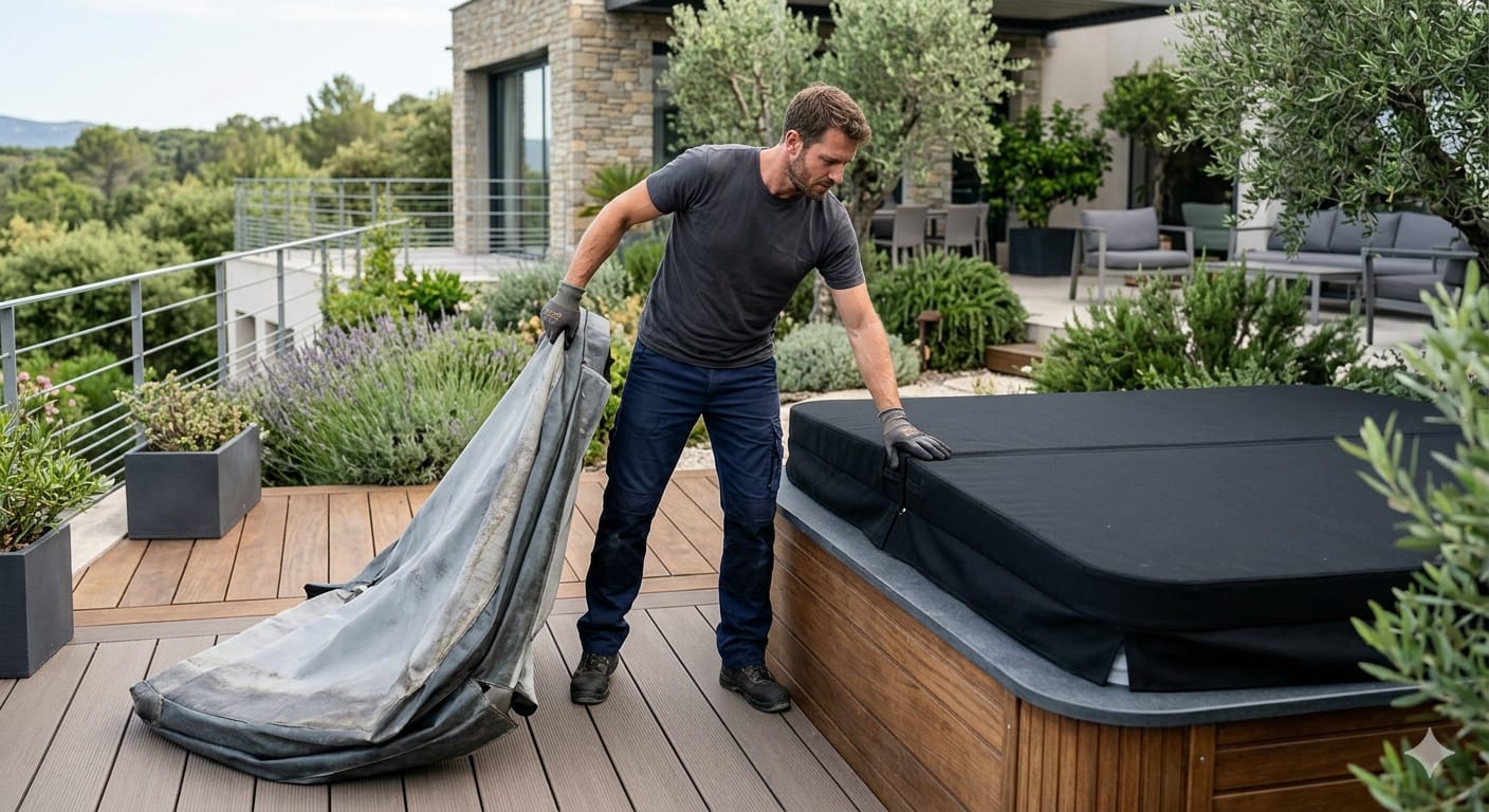 Technicien EdenSpa remplaçant une couverture thermique de spa