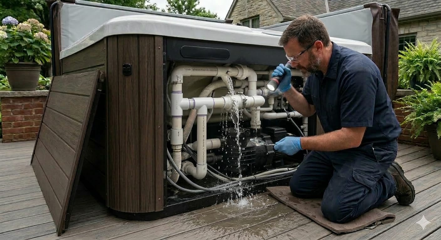 Technicien EdenSpa localisant et réparant une fuite sur un spa